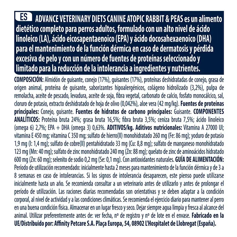 Advance Vet Canine Adult Atopic Rabbit 3Kg, nourriture pour chiens