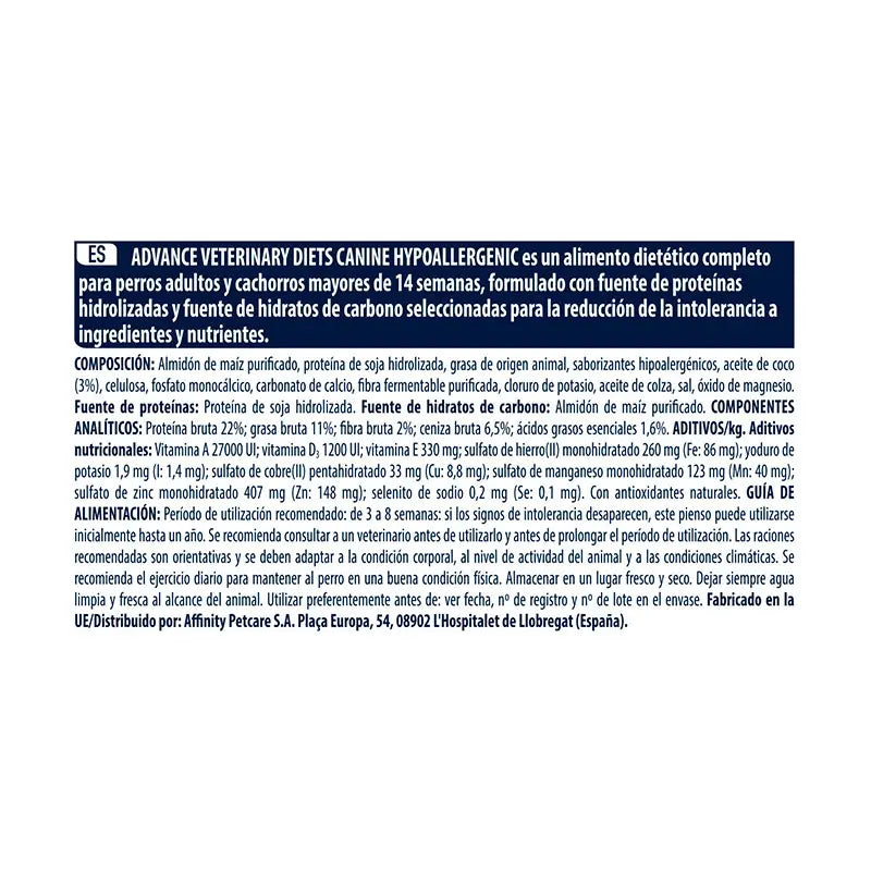 Advance Vet Canine Adult Hypoallergenic 10Kg, nourriture pour chien