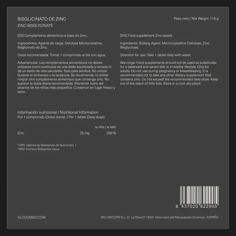 Aldous Bio Bisglycinate de Zinc 25 Mg, 500 comprimés