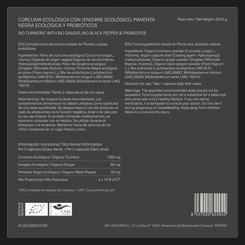 Aldous Bio Curcuma Au Gingembre Et Poivre Noir Avec Probiotiques, 2X250 Capsules