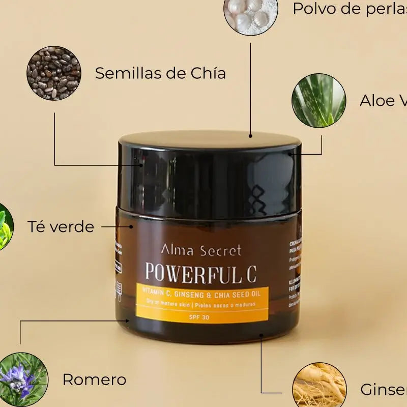 Alma Secret Powerful C Avec de la vitamine C, du ginseng et du chia. Spf 30