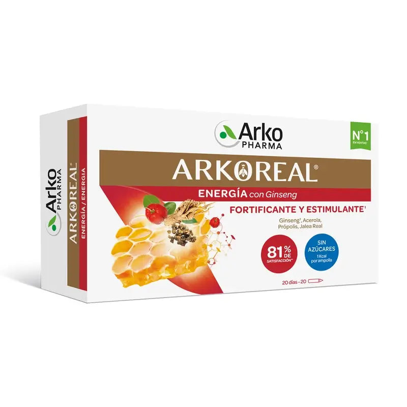 Arkopharma Arkoreal Gelée Royale Energie avec Ginseng Sans Sucre, 20 ampoules