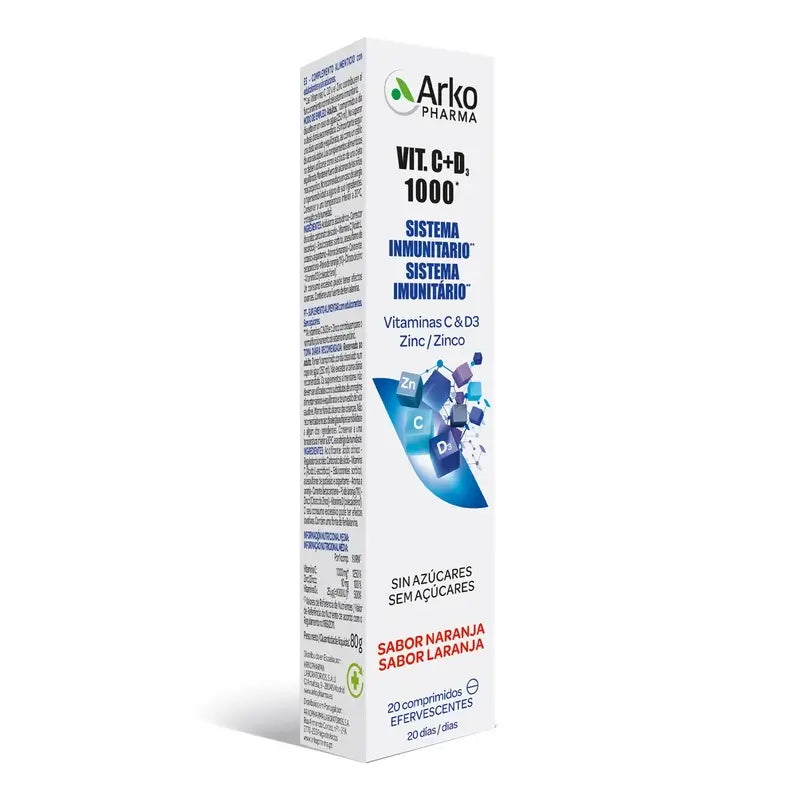 Arkopharma Vitamine C&D3 1000 mg + Zinc Effervescent, 20 comprimés