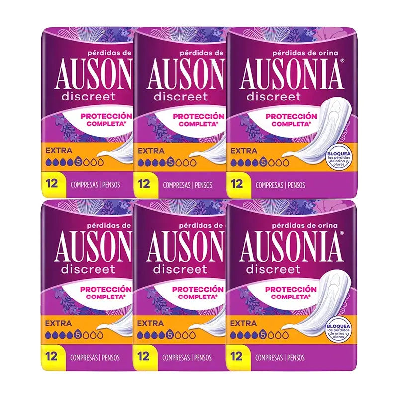 Ausonia Pack Serviettes hygiéniques discrètes pour femmes Extra, 6 x 12 unités