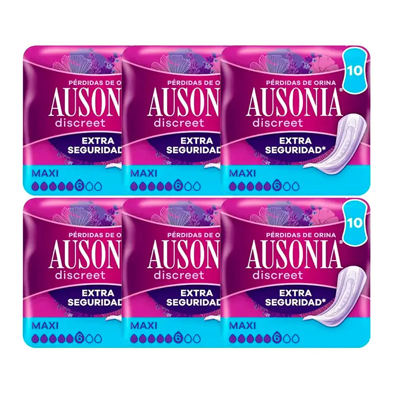Ausonia Pack Serviettes hygiéniques discrètes pour femmes Maxi, 6 x 10 unités