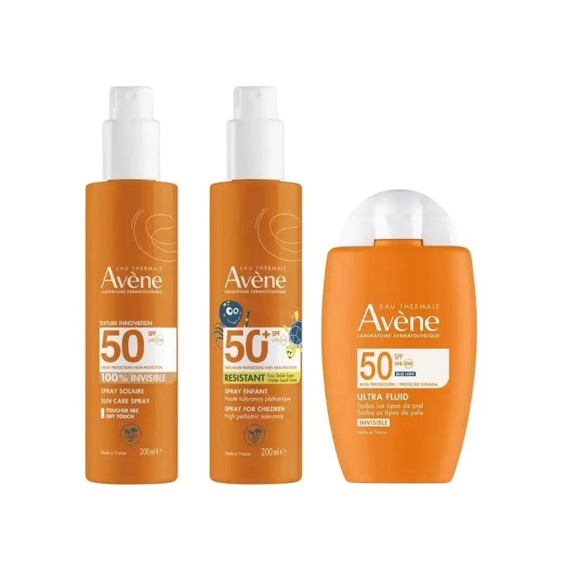 Avène Fluide Ultra Invisible Spf50 50 Ml + Spray Invisible Spf 50 200 Ml + Spray Spf 50+ pour enfants 200 Ml