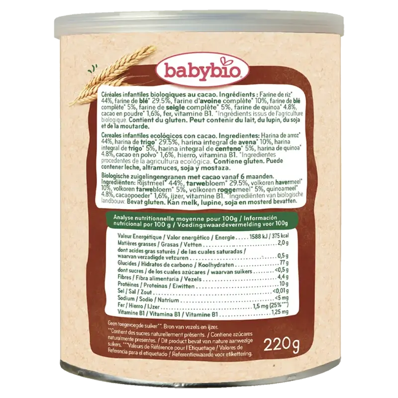 Babybio 5 céréales avec cacao, paquet de 2 x 220 g