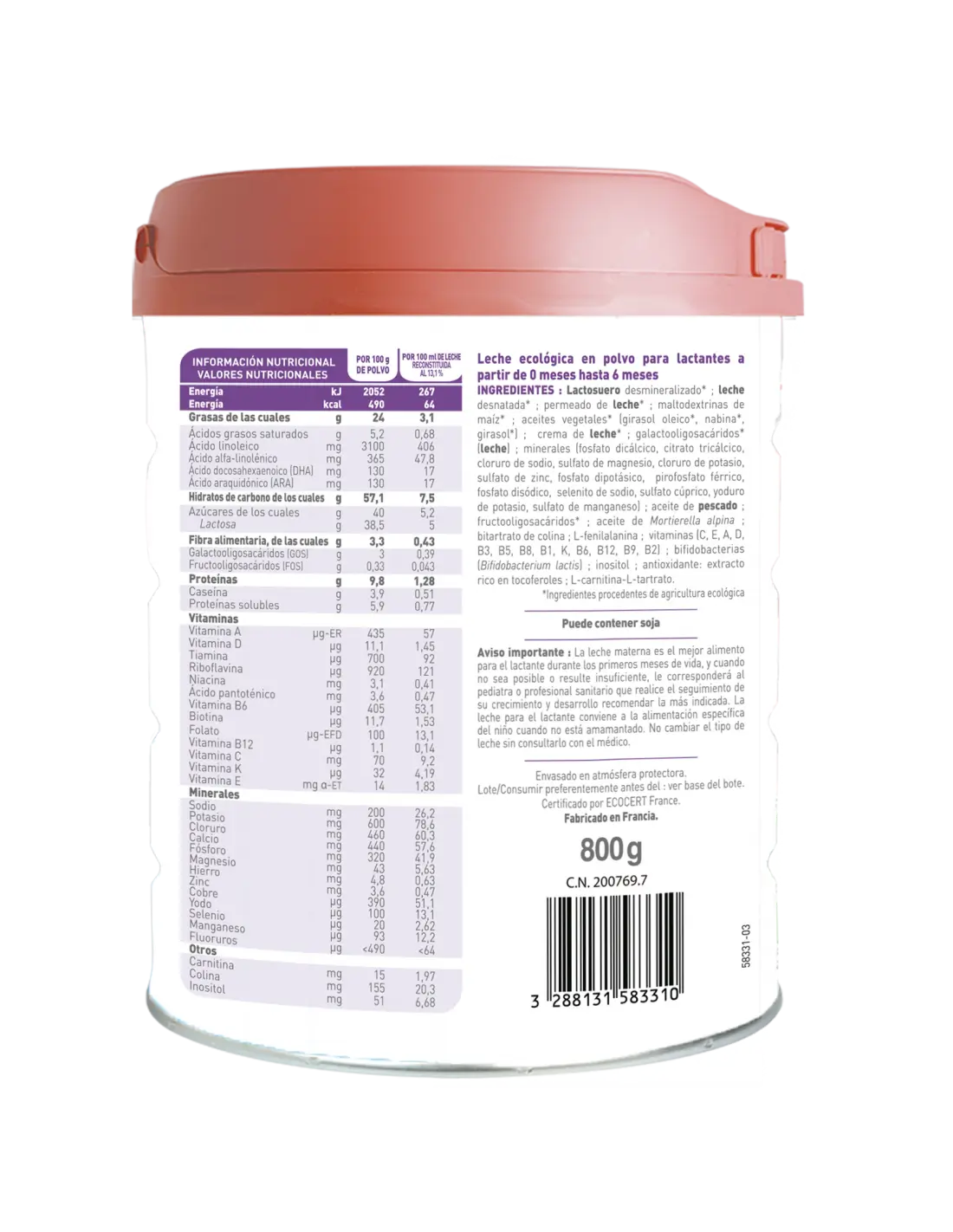 Babybio Optima 1 Lait de vache 0-6 mois, 800g