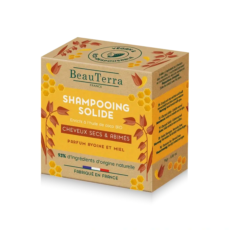 Beauterra Shampooing solide à l'avoine et au miel (cheveux secs) , 75 g