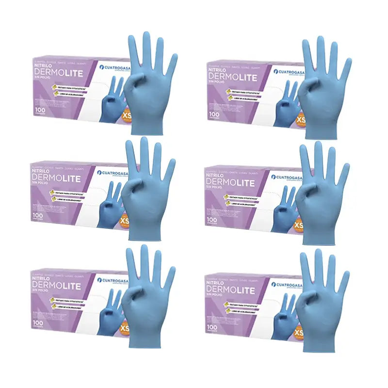 Cuatrogasa Dermolite Gants nitrile sans poudre Bleu Taille Xs, 6X100 unités