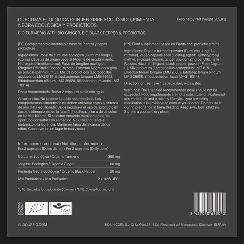 Aldous Bio Curcuma au Gingembre et Poivre Noir avec Probiotiques, 250 gélules