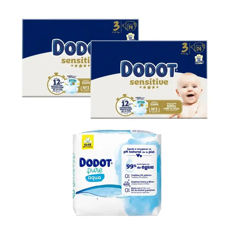 Dodot Sensitive Taille 3, 74 couches + Pure Aqua Baby Wipes, 288 pcs.