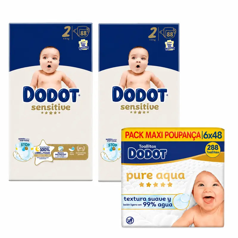 Dodot Sensitive Taille 2, 4kg-8kg, 176 couches + Dodot Pure Aqua 288 lingettes