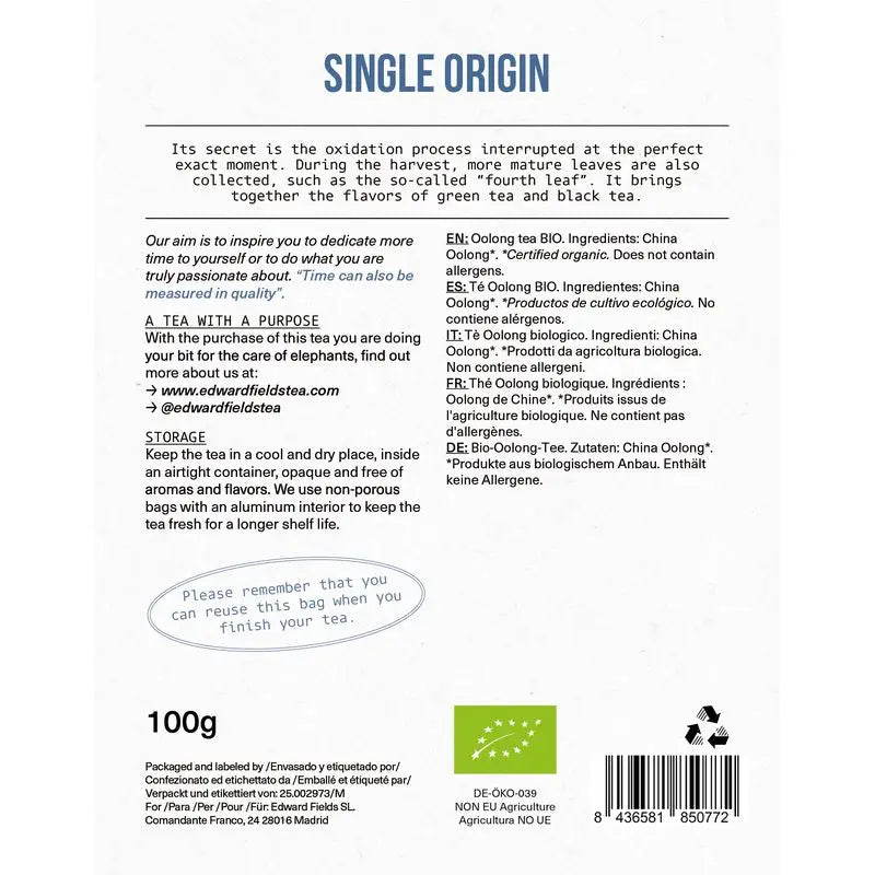 Edward Fields Tea Blue Tea Oolong Thé Oolong biologique en vrac 50 tasses , 100 grammes