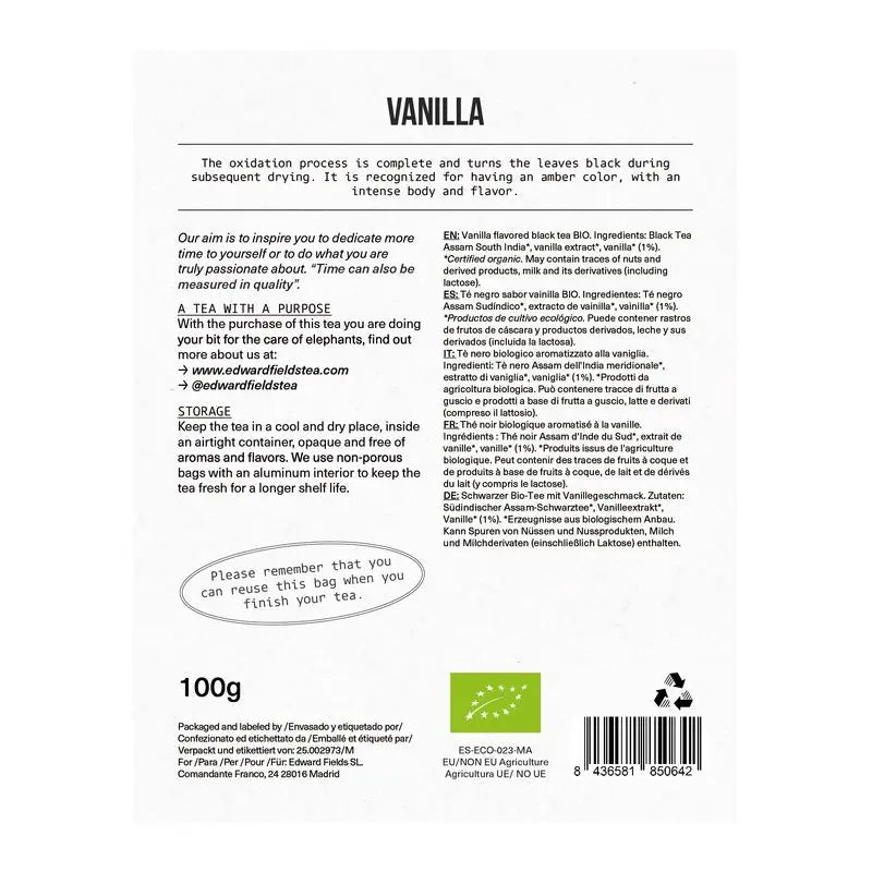 Edward Fields Tea Thé noir bio en vrac avec vanille 50 tasses , 100 grammes