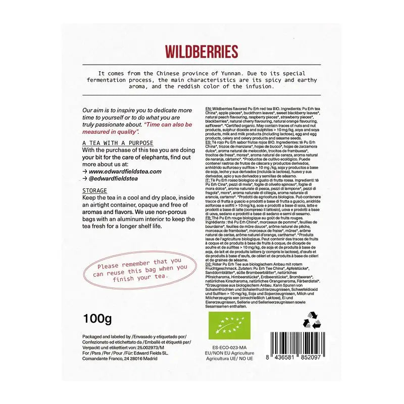 Edward Fields Tea Thé Pu Erh rouge biologique en vrac avec baies rouges 50 tasses , 100 grammes