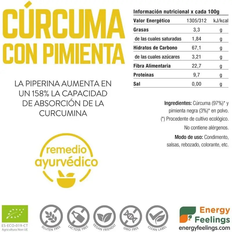 Energy Feelings Curcuma Avec Poudre de Poivre 1Kg. Eco Vegan Sg
