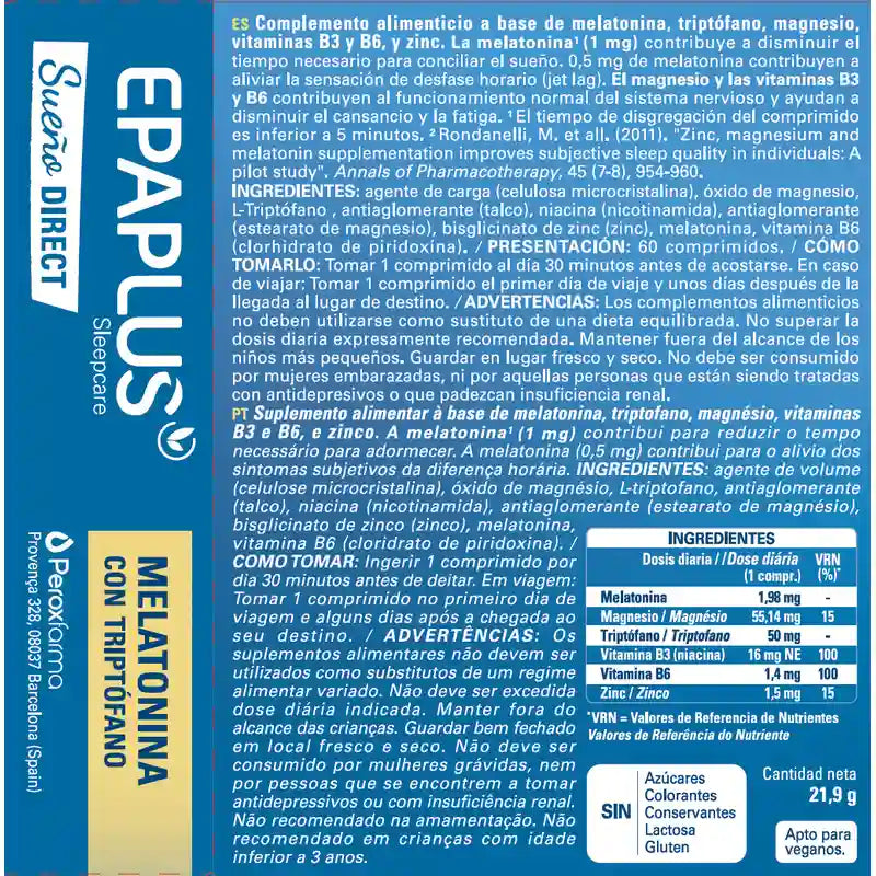 Epaplus Sleepcare Melatonin Direct With Tryptophan Plus , 60 comprimés