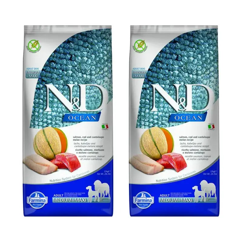 Farmina N&D Dog Ocean Salmon Codfish Medium Maxi 12Kg, nourriture pour chien, paquet de 2