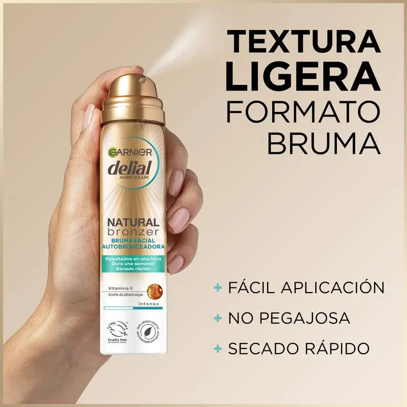 Garnier Delial Natural Bronzer Brume autobronzante pour le visage à l'huile d'abricot pour un bronzage naturel et uniforme, 75Ml