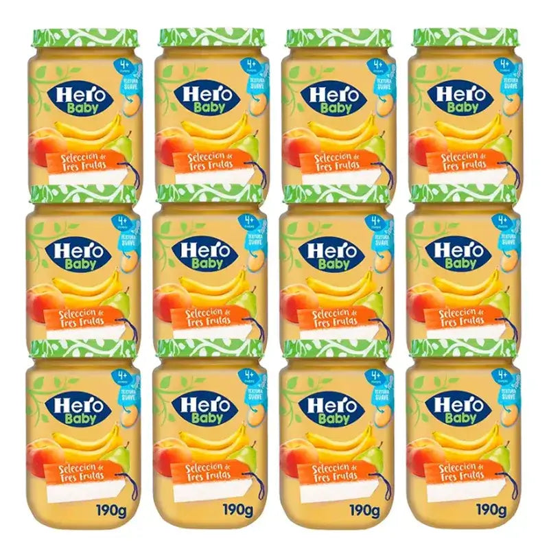 Hero Baby Pack Bocal Sélection Trois Fruits, 12 X 190 Gr