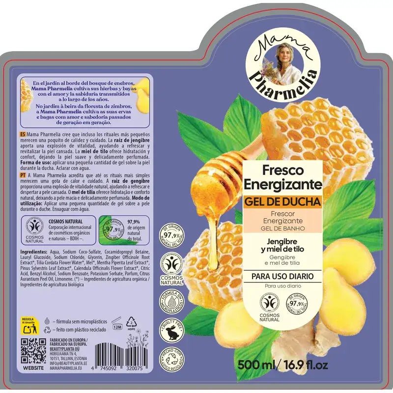 Mama Pharmelia Gel douche frais et énergisant au gingembre et au miel de tilleul, 500 ml