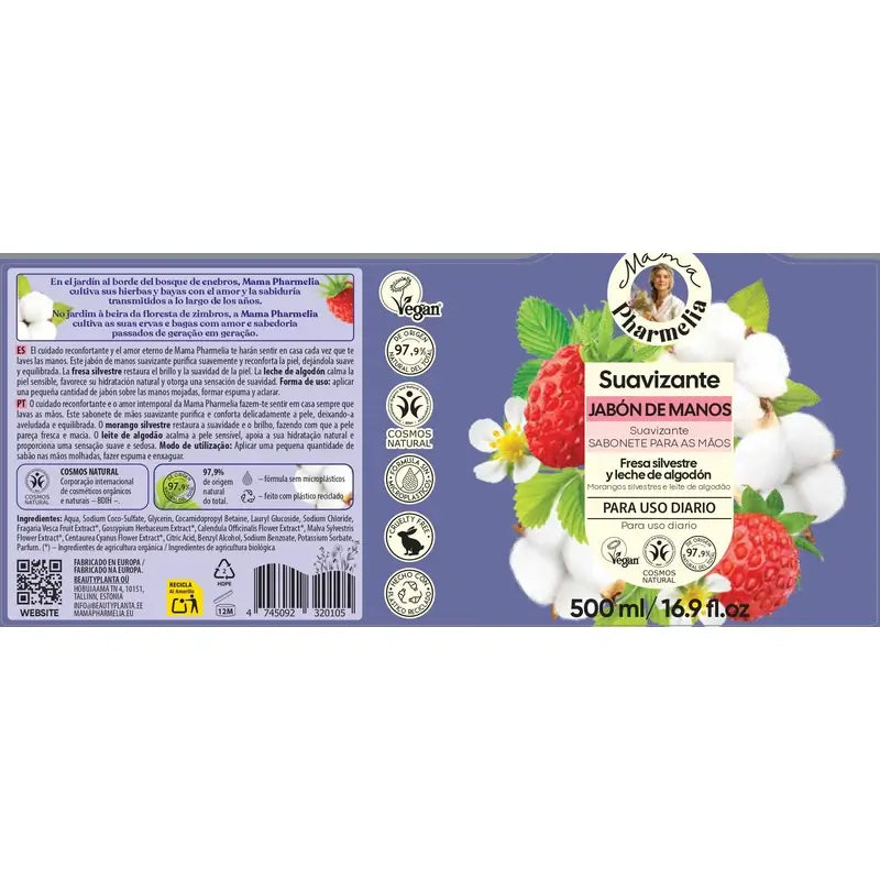 Mama Pharmelia Savon apaisant pour les mains à la fraise sauvage et au lait de coton, 500 ml