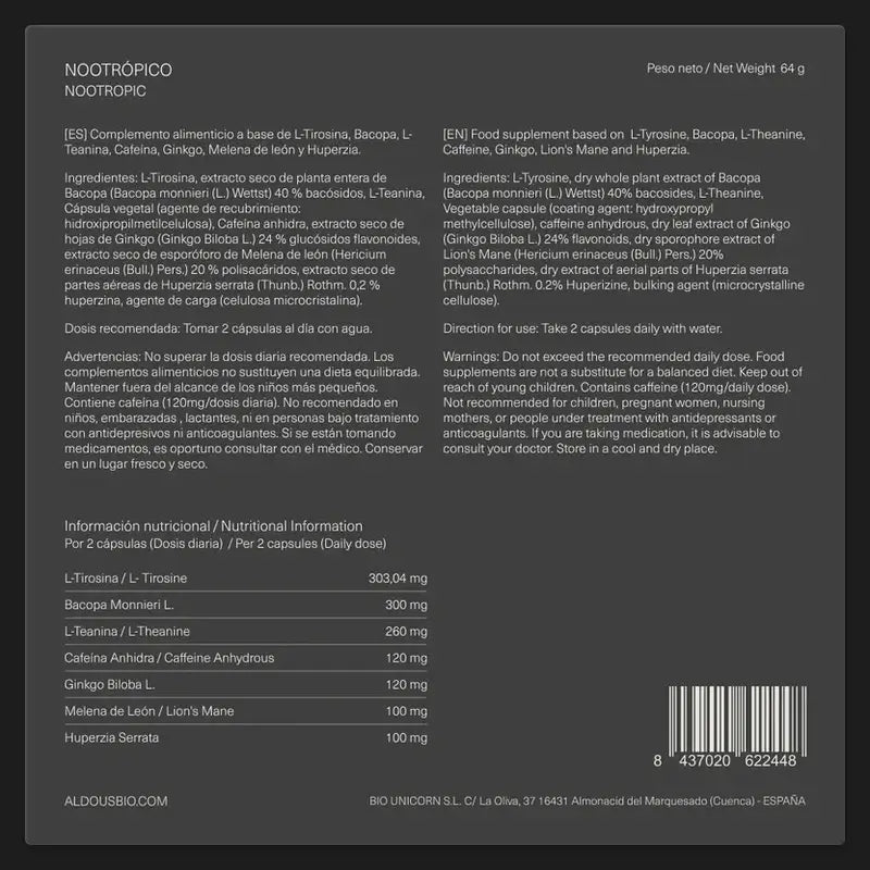 Aldous Labs Nootropic avec Ginkgo Biloba, Crinière de Lion, Caféine, Bacopa, Tyrosine, Théanine, Théanine et Huperzine A