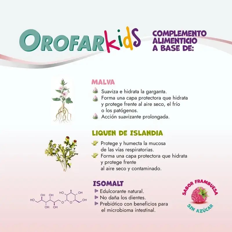 Orofar Kids Sucettes sans sucre à la framboise contre les démangeaisons de la gorge, 2x8 sucettes