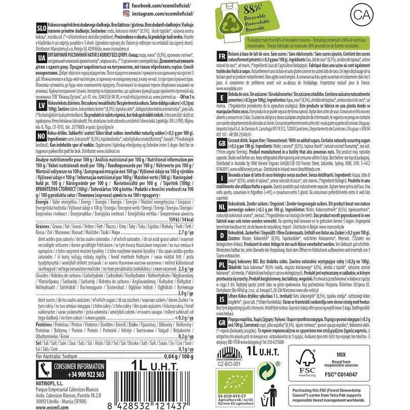 Ecomil Coconut Nature Bio, Pack 1 L x 6 unités