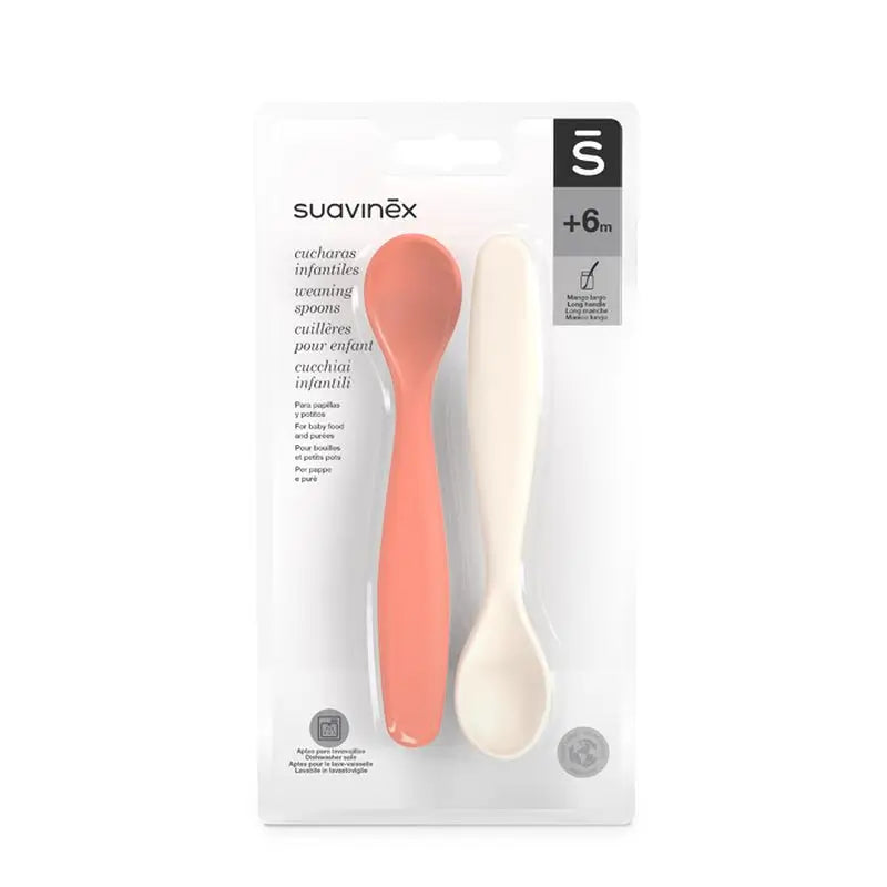Suavinex Pack 2 cuillères pour nourrissons. Convient aux gencives sensibles. Idéales pour les aliments pour bébés et la bouillie. +4 mois, Corail + Gris