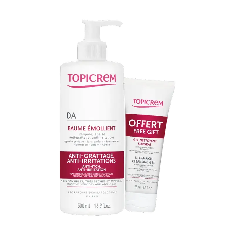 Pack Topicrem Baume émollient Da 500 ml + Gel surgraissant Da 75 ml