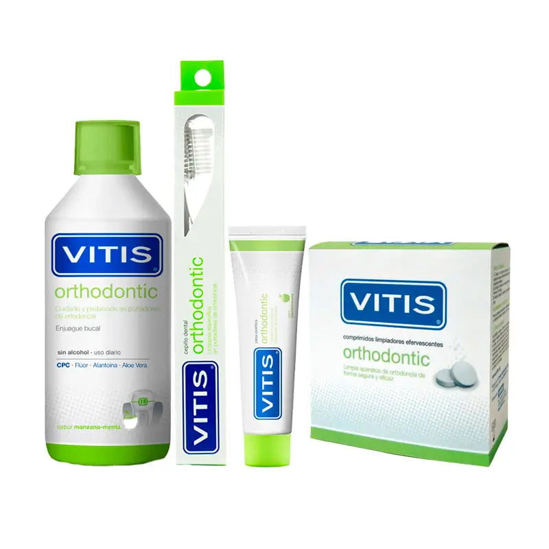VITIS Pack Orthodontie ( Bain de bouche 1000ml+ Dentifrice 100ml+ 32 comprimés + Brosse à dents orthodontique)
