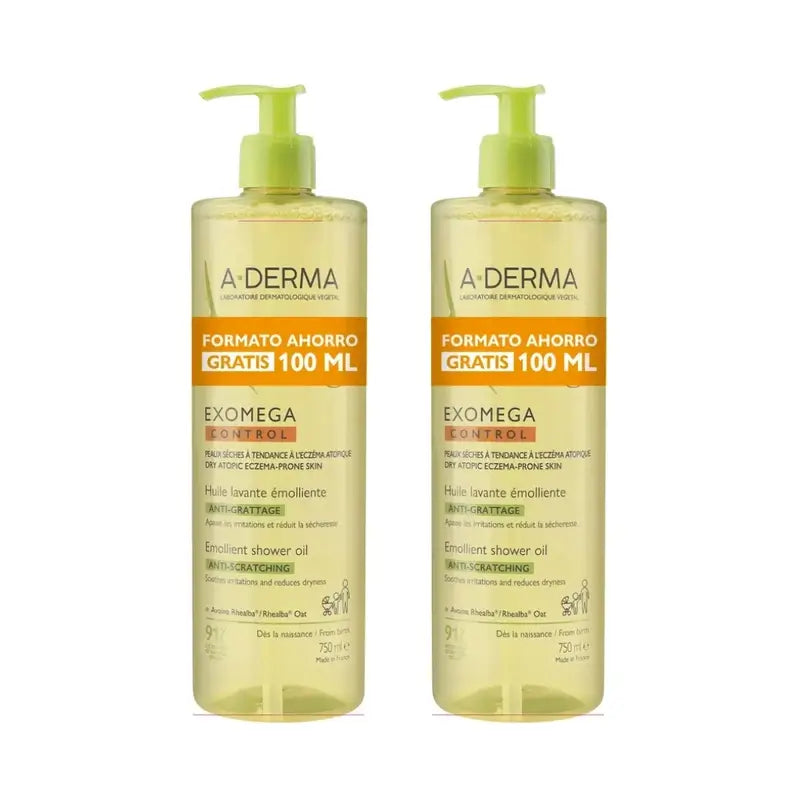 A-Derma Exomega Control Huile de douche émolliente anti-irritation, 2X750 Ml