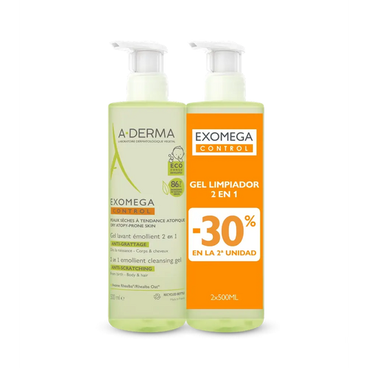 A-Derma Exomega Control Gel nettoyant émollient 2-1 Anti-irritation 2 X 500 Ml