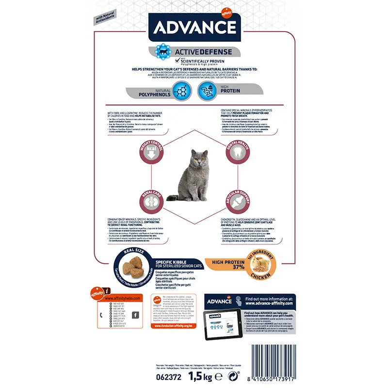 Advance Feline Senior+10 Sterilised. Poulet 1,5Kg, croquettes pour chat