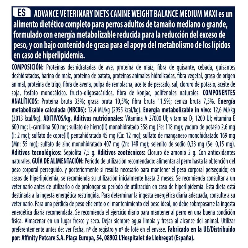 Advance Vet Canine Adult Weight Bal. 3Kg, nourriture pour chiens