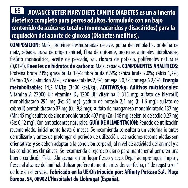 Advance Vet Canine Adult Diabetes Colitis 12Kg, nourriture pour chiens