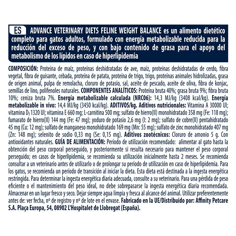 Advance Vet Feline Adult Weight Balance 8Kg, nourriture pour chat