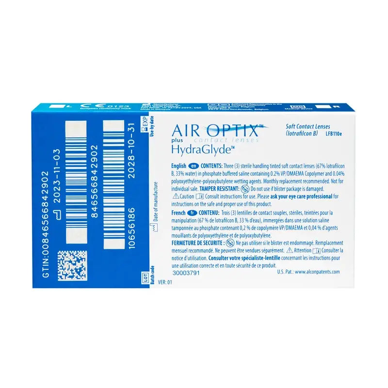 Air Optix Plus Hydraglade Lentilles de contact sphériques mensuelles, 3 unités