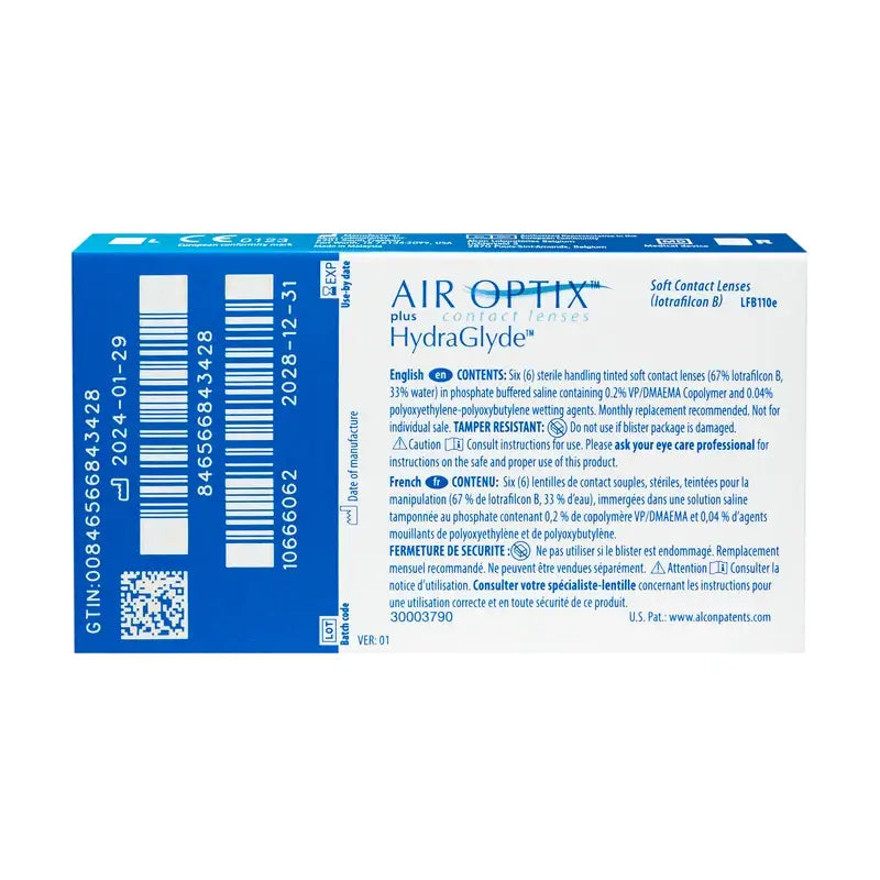 Air Optix Plus Hydraglade Lentilles de contact mensuelles sphériques, 6 unités