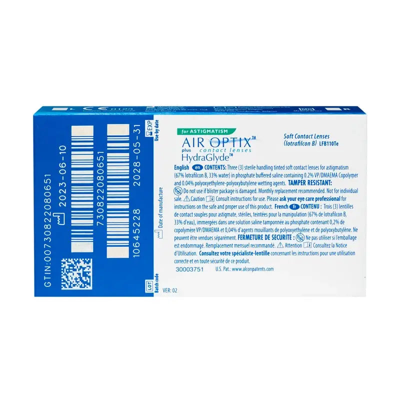 Air Optix Plus HydraGlyde Lentilles toriques mensuelles , 3 unités