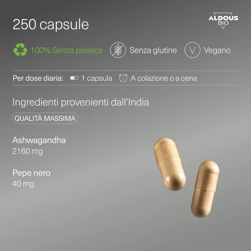 Aldous Bio Racine d'Ashwagandha au Poivre Noir , 250 gélules