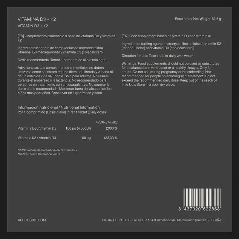 Aldous Bio Vitamine D3 + K2, 250 comprimés