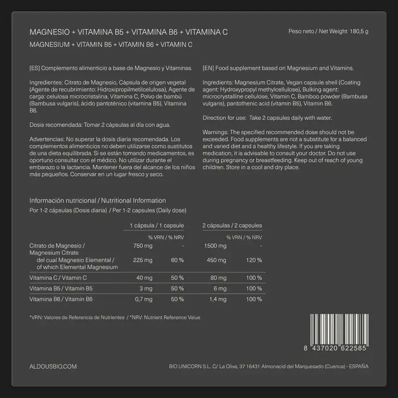 Aldous Labs Complément Alimentaire Magnésium Avec Vitamine C, B5 & B6 , 200 gélules