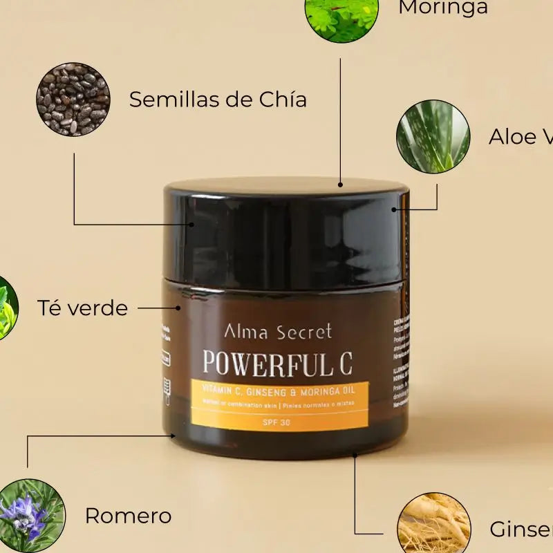 Alma Secret Powerful C Avec de la vitamine C, du ginseng et du moringa. Spf 30
