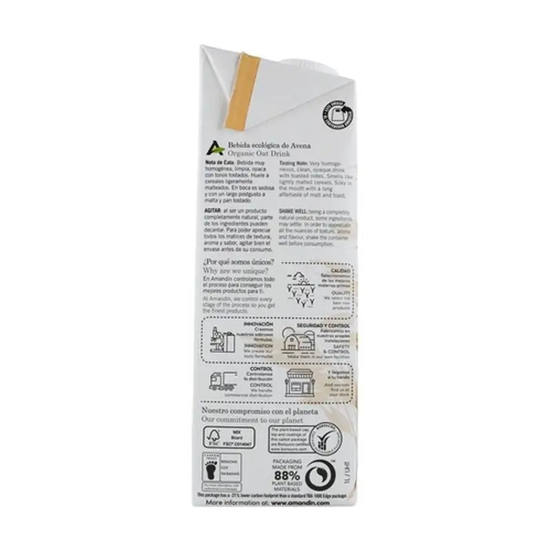 Amandin Boisson végétale aux flocons d'avoine 0% sucres 1Lt 6Pcs. Bio