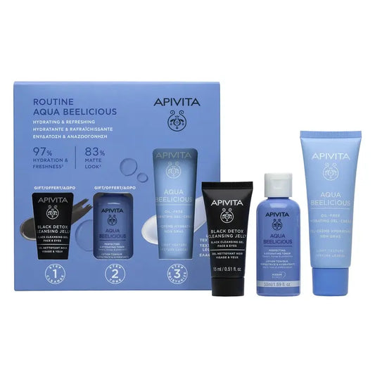 Apivita Aqua Beelicious Cream, 40 ml + Oil Free Black Detox Moisturising Gel, 15 ml + Perfecting Toner, 50 ml