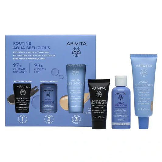 Apivita Aqua Beelicious Brightening Hydrating Fluid Cream Spf30 Colour + Black Detox 15Ml + Perfecting Tonic 50Ml