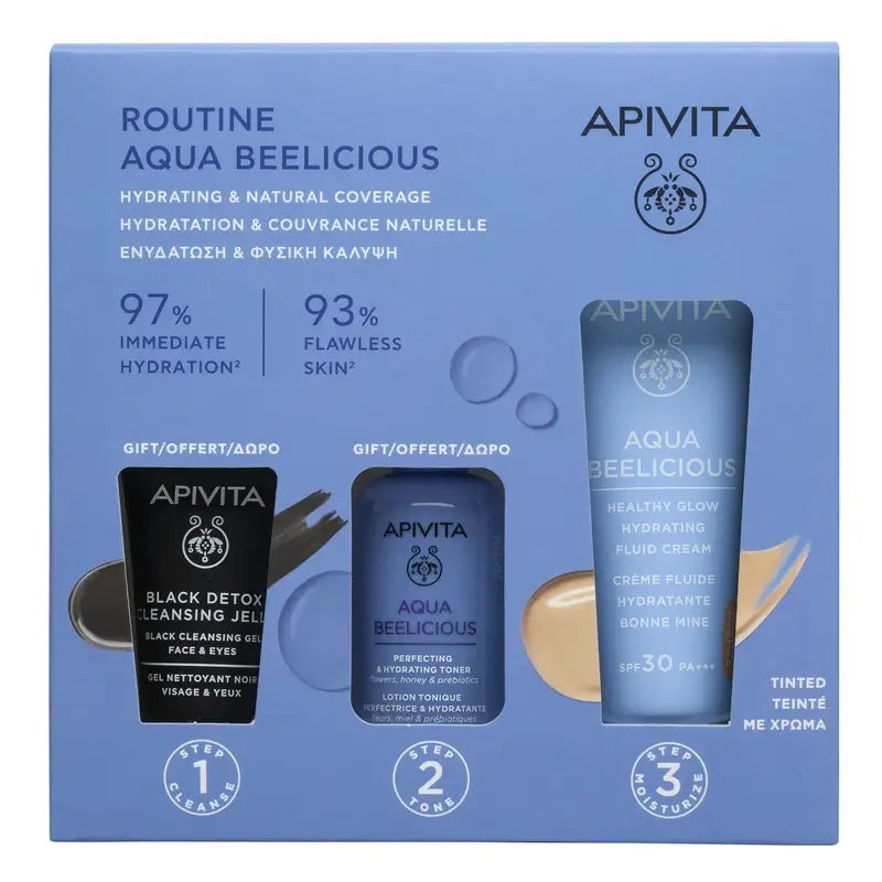Apivita Aqua Beelicious Brightening Hydrating Fluid Cream Spf30 Colour + Black Detox 15Ml + Perfecting Tonic 50Ml